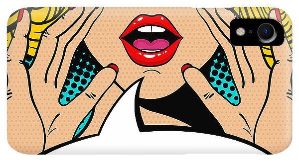 Seksowna, zaskoczona blondynka w stylu pop-art z otwartymi ustami i unoszącymi się rękami, krzycząca „zapowiedź”. Tło wektorowe w stylu komiksowym retro pop-art. Zaproszenie na imprezę. - Etui na telefon