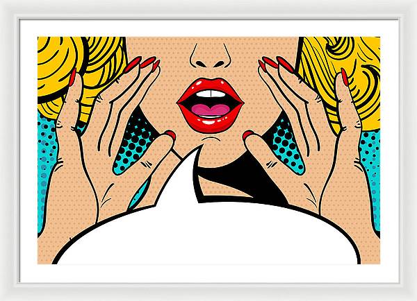 Seksowna, zaskoczona blondynka w stylu pop-art z otwartymi ustami i unoszącymi się rękami, krzycząca „zapowiedź”. Tło wektorowe w stylu komiksowym retro pop-art. Zaproszenie na imprezę. - Oprawiony wydruk.