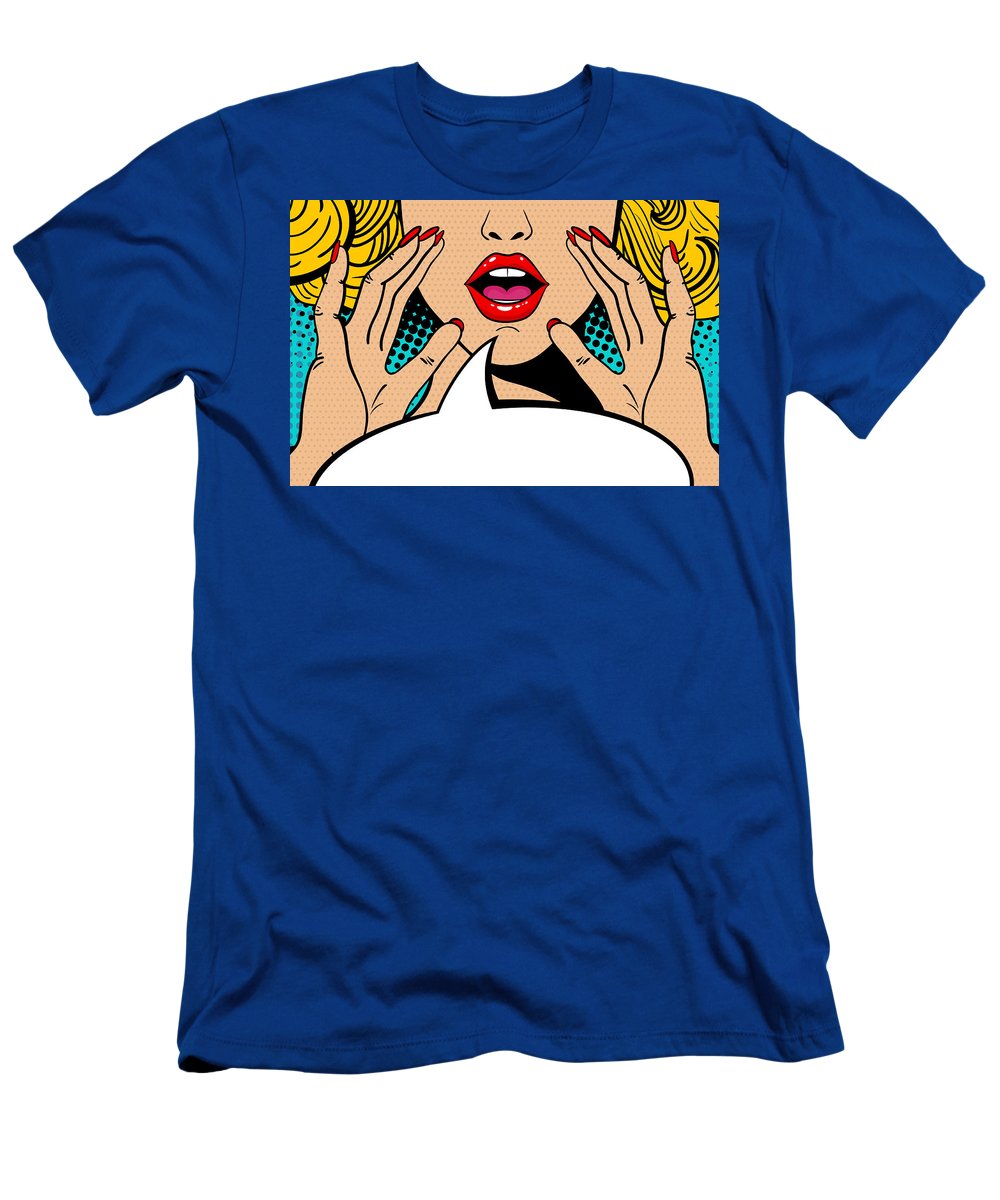 Seksowna, zaskoczona blondynka w stylu pop-art z otwartymi ustami i unoszącymi się rękami, krzycząca „zapowiedź”. Tło wektorowe w stylu komiksowym retro pop-art. Zaproszenie na imprezę. - Koszulka.