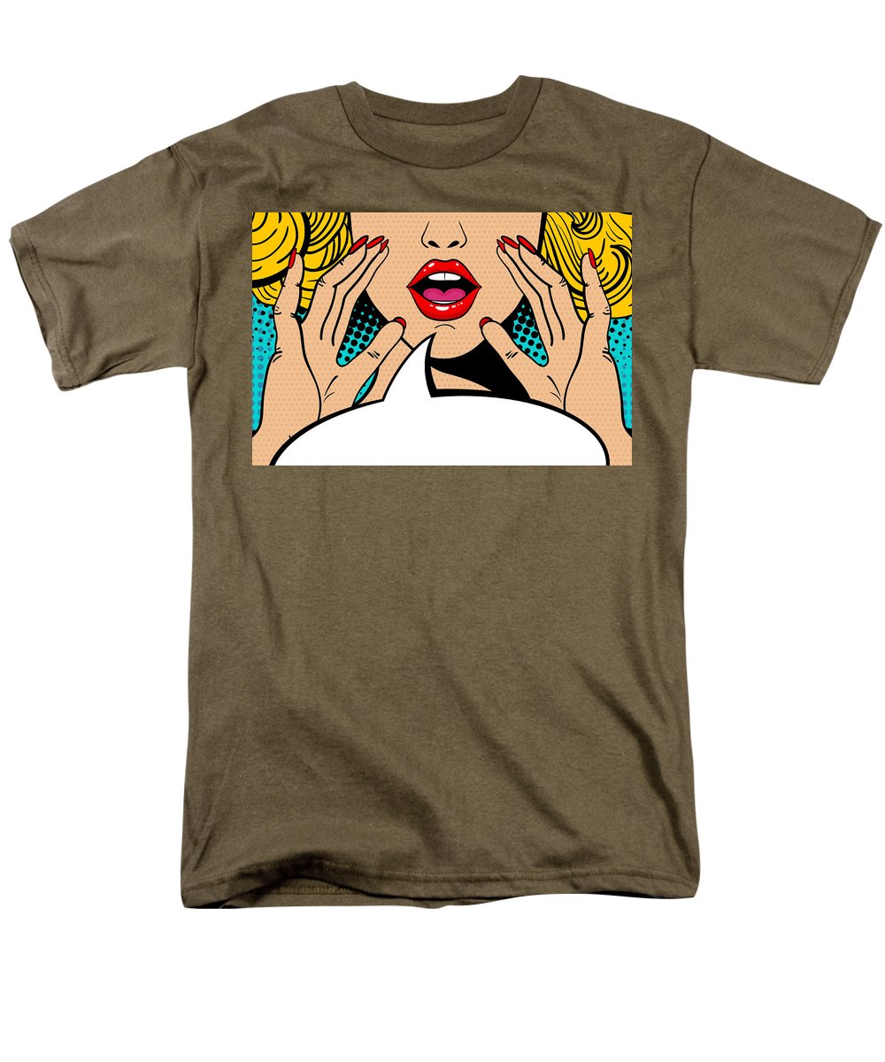Seksowna, zaskoczona blondynka w stylu pop-art z otwartymi ustami i unoszącymi się rękami, krzycząca „zapowiedź”. Tło wektorowe w stylu komiksowym retro pop-art. Zaproszenie na imprezę. - Męski T-shirt (regularny krój)