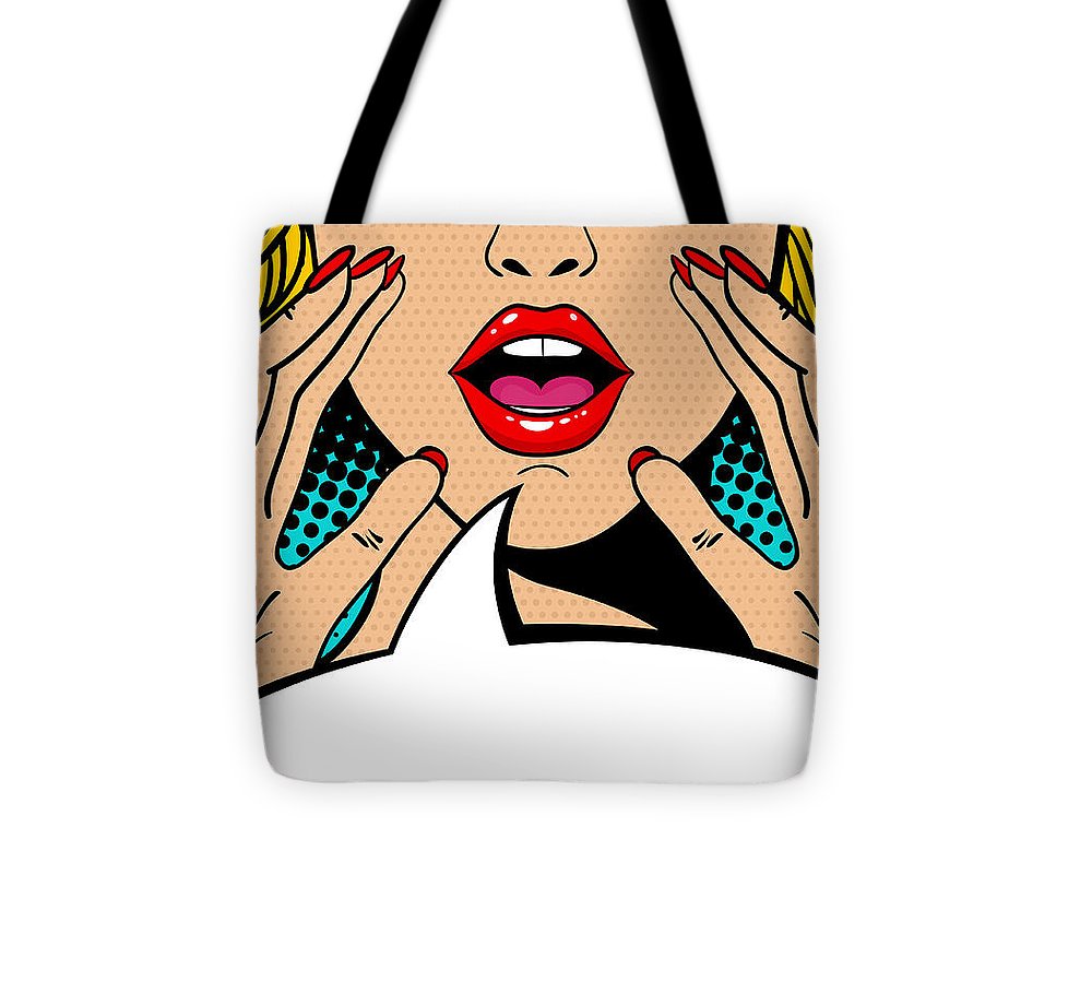 Seksowna, zaskoczona blondynka w stylu pop-art z otwartymi ustami i unoszącymi się rękami, krzycząca „zapowiedź”. Tło wektorowe w stylu komiksowym retro pop-art. Zaproszenie na imprezę. - Torba.