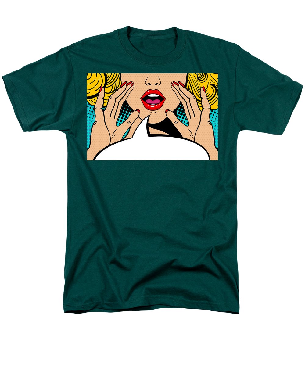 Seksowna, zaskoczona blondynka w stylu pop-art z otwartymi ustami i unoszącymi się rękami, krzycząca „zapowiedź”. Tło wektorowe w stylu komiksowym retro pop-art. Zaproszenie na imprezę. - Męski T-shirt (regularny krój)