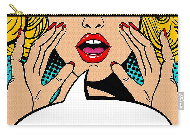 Seksowna, zaskoczona blondynka w stylu pop-art z otwartymi ustami i unoszącymi się rękami, krzycząca „zapowiedź”. Tło wektorowe w stylu komiksowym retro pop-art. Zaproszenie na imprezę. - Torba podróżna.