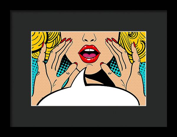 Seksowna, zaskoczona blondynka w stylu pop-art z otwartymi ustami i unoszącymi się rękami, krzycząca „zapowiedź”. Tło wektorowe w stylu komiksowym retro pop-art. Zaproszenie na imprezę. - Oprawiony wydruk.