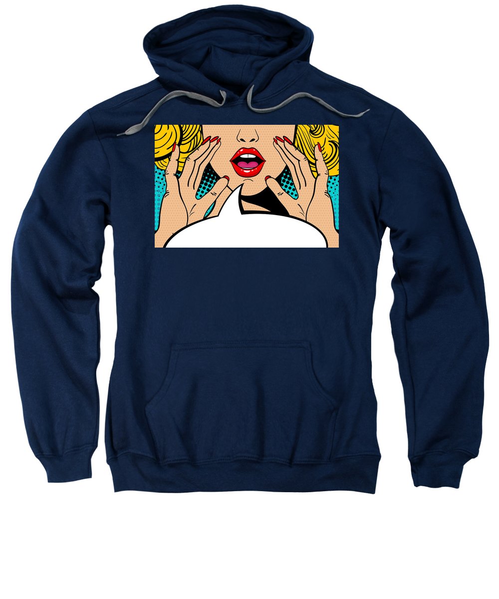 Seksowna, zaskoczona blondynka w stylu pop-art z otwartymi ustami i unoszącymi się rękami, krzycząca „zapowiedź”. Tło wektorowe w stylu komiksowym retro pop-art. Zaproszenie na imprezę. - Bluza.