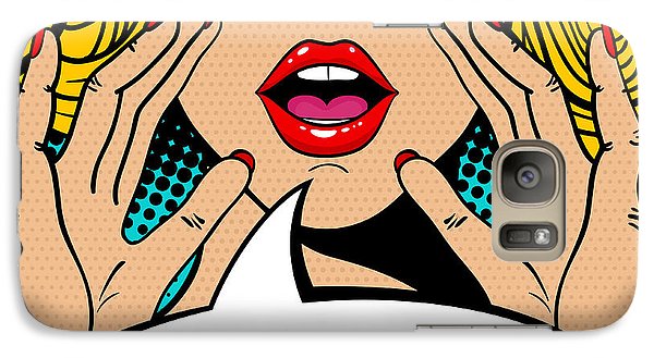 Seksowna, zaskoczona blondynka w stylu pop-art z otwartymi ustami i unoszącymi się rękami, krzycząca „zapowiedź”. Tło wektorowe w stylu komiksowym retro pop-art. Zaproszenie na imprezę. - Etui na telefon