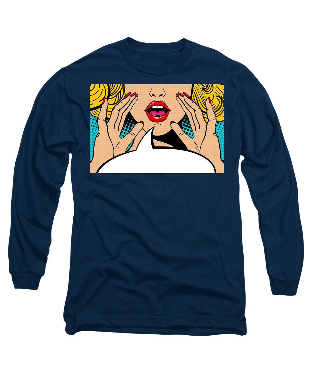 Seksowna, zaskoczona blondynka w stylu pop-art z otwartymi ustami i unoszącymi się rękami, krzycząca „zapowiedź”. Tło wektorowe w stylu komiksowym retro pop-art. Zaproszenie na imprezę. - Koszulka z długim rękawem.