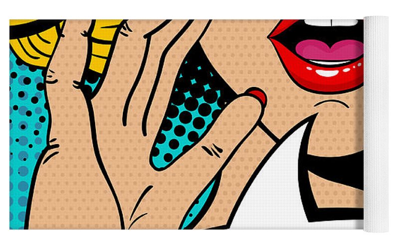 Seksowna, zaskoczona blondynka w stylu pop-art z otwartymi ustami i unoszącymi się rękami, krzycząca „zapowiedź”. Tło wektorowe w stylu komiksowym retro pop-art. Zaproszenie na imprezę. - Mata do jogi