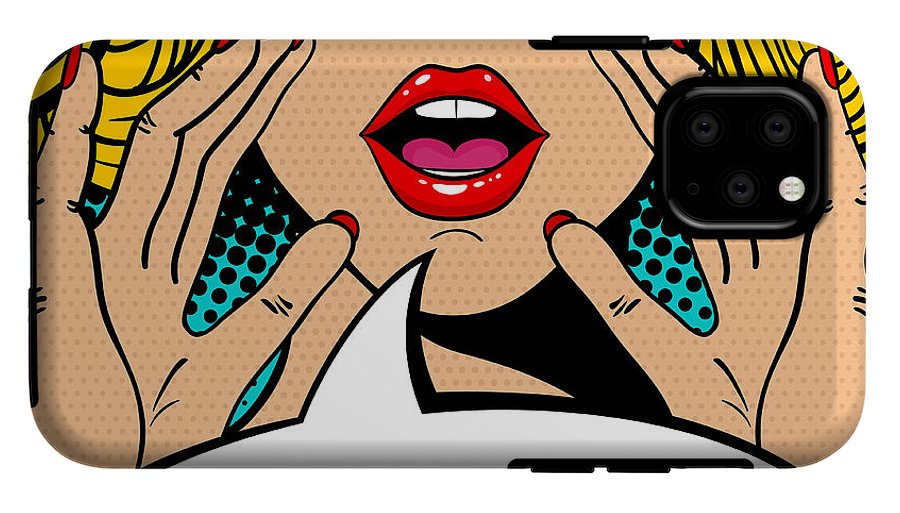Seksowna, zaskoczona blondynka w stylu pop-art z otwartymi ustami i unoszącymi się rękami, krzycząca „zapowiedź”. Tło wektorowe w stylu komiksowym retro pop-art. Zaproszenie na imprezę. - Etui na telefon