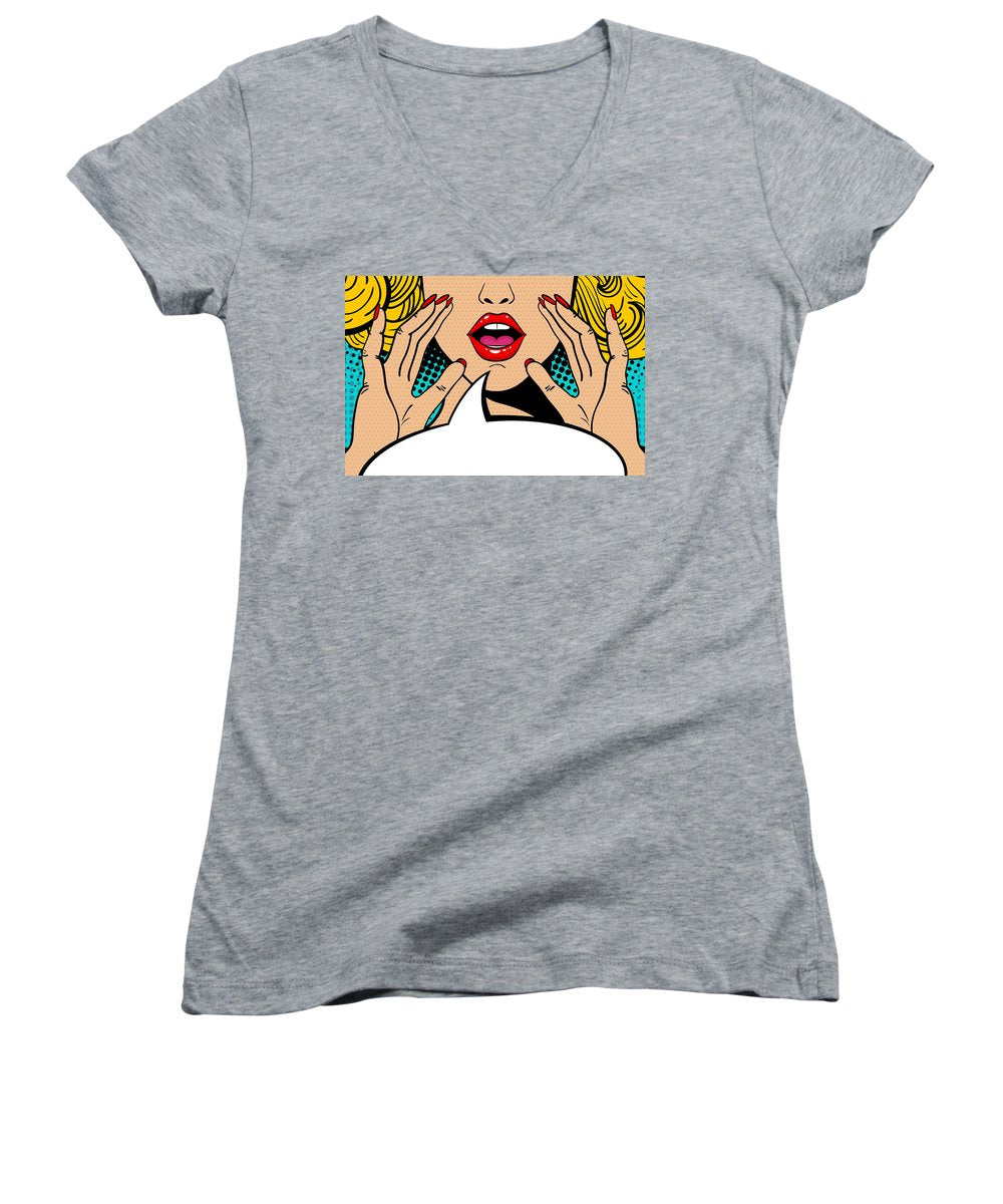 Seksowna, zaskoczona blondynka w stylu pop-art z otwartymi ustami i unoszącymi się rękami, krzycząca „zapowiedź”. Tło wektorowe w stylu komiksowym retro pop-art. Zaproszenie na imprezę. - Damski dekolt w serek.