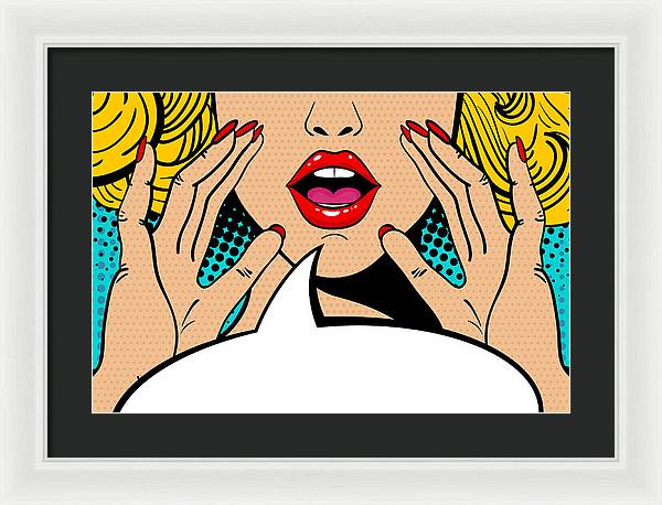 Seksowna, zaskoczona blondynka w stylu pop-art z otwartymi ustami i unoszącymi się rękami, krzycząca „zapowiedź”. Tło wektorowe w stylu komiksowym retro pop-art. Zaproszenie na imprezę. - Oprawiony wydruk.