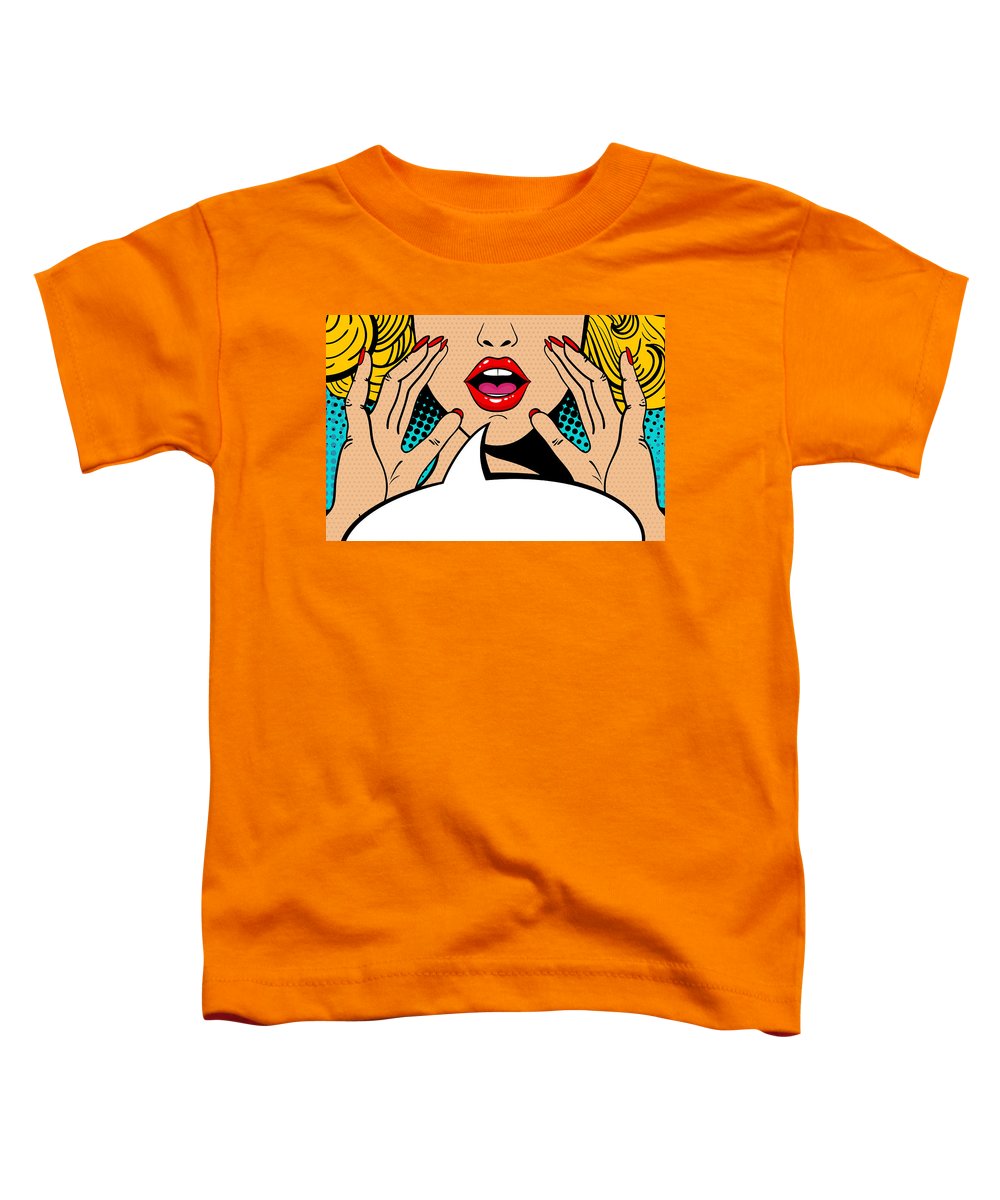 Seksowna, zaskoczona blondynka w stylu pop-art z otwartymi ustami i unoszącymi się rękami, krzycząca „zapowiedź”. Tło wektorowe w stylu komiksowym retro pop-art. Zaproszenie na imprezę. - Koszulka dla malucha.