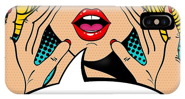 Seksowna, zaskoczona blondynka w stylu pop-art z otwartymi ustami i unoszącymi się rękami, krzycząca „zapowiedź”. Tło wektorowe w stylu komiksowym retro pop-art. Zaproszenie na imprezę. - Etui na telefon