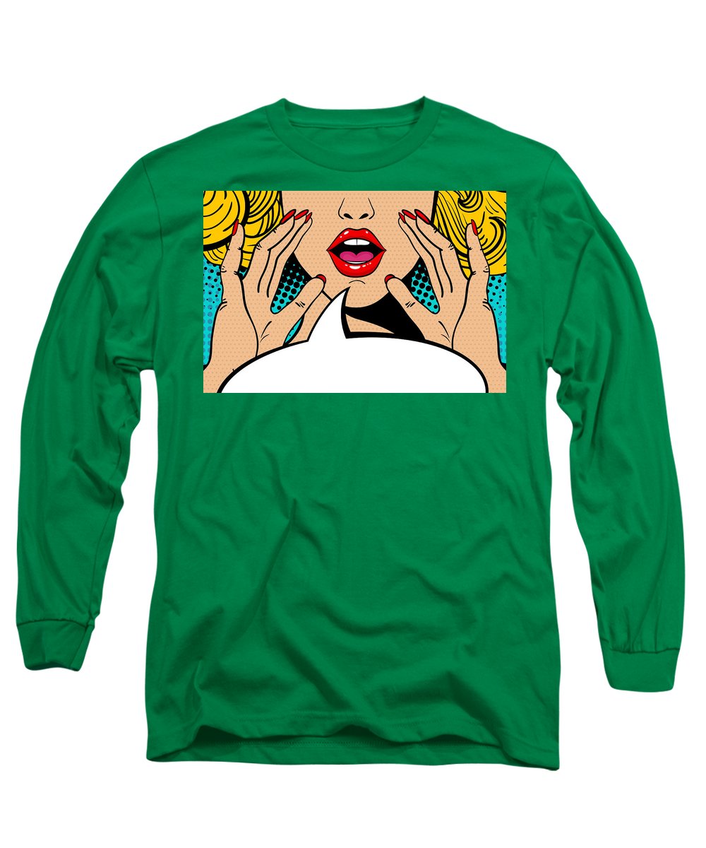 Seksowna, zaskoczona blondynka w stylu pop-art z otwartymi ustami i unoszącymi się rękami, krzycząca „zapowiedź”. Tło wektorowe w stylu komiksowym retro pop-art. Zaproszenie na imprezę. - Koszulka z długim rękawem.