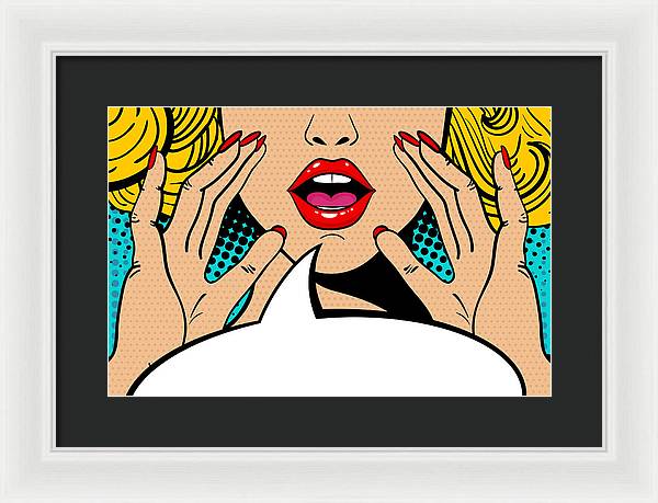 Seksowna, zaskoczona blondynka w stylu pop-art z otwartymi ustami i unoszącymi się rękami, krzycząca „zapowiedź”. Tło wektorowe w stylu komiksowym retro pop-art. Zaproszenie na imprezę. - Oprawiony wydruk.