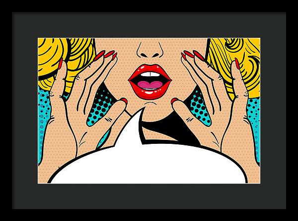 Seksowna, zaskoczona blondynka w stylu pop-art z otwartymi ustami i unoszącymi się rękami, krzycząca „zapowiedź”. Tło wektorowe w stylu komiksowym retro pop-art. Zaproszenie na imprezę. - Oprawiony wydruk.