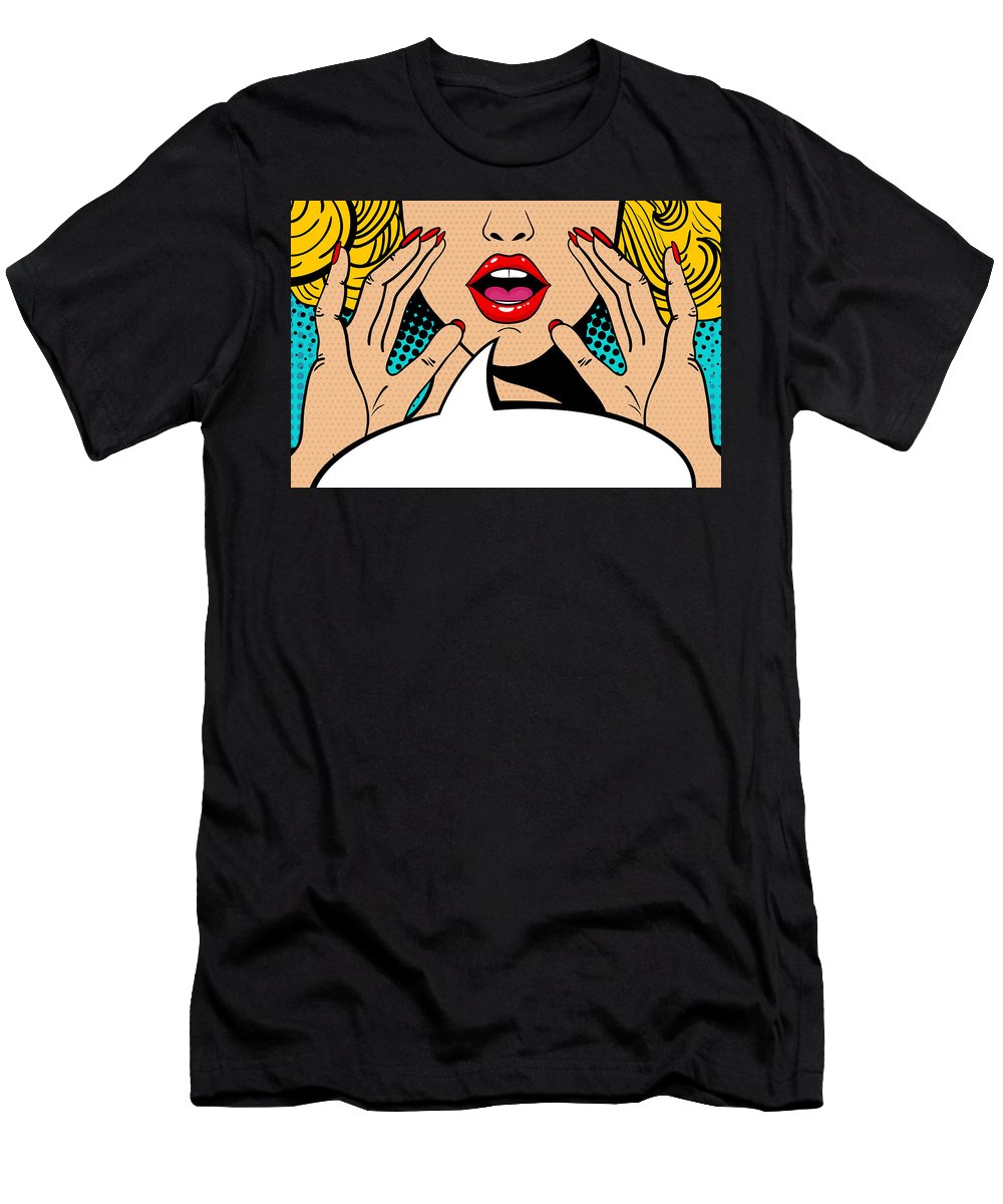Seksowna, zaskoczona blondynka w stylu pop-art z otwartymi ustami i unoszącymi się rękami, krzycząca „zapowiedź”. Tło wektorowe w stylu komiksowym retro pop-art. Zaproszenie na imprezę. - Koszulka.