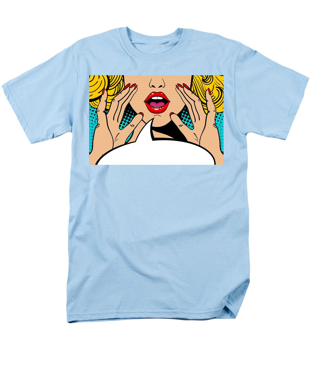 Seksowna, zaskoczona blondynka w stylu pop-art z otwartymi ustami i unoszącymi się rękami, krzycząca „zapowiedź”. Tło wektorowe w stylu komiksowym retro pop-art. Zaproszenie na imprezę. - Męski T-shirt (regularny krój)