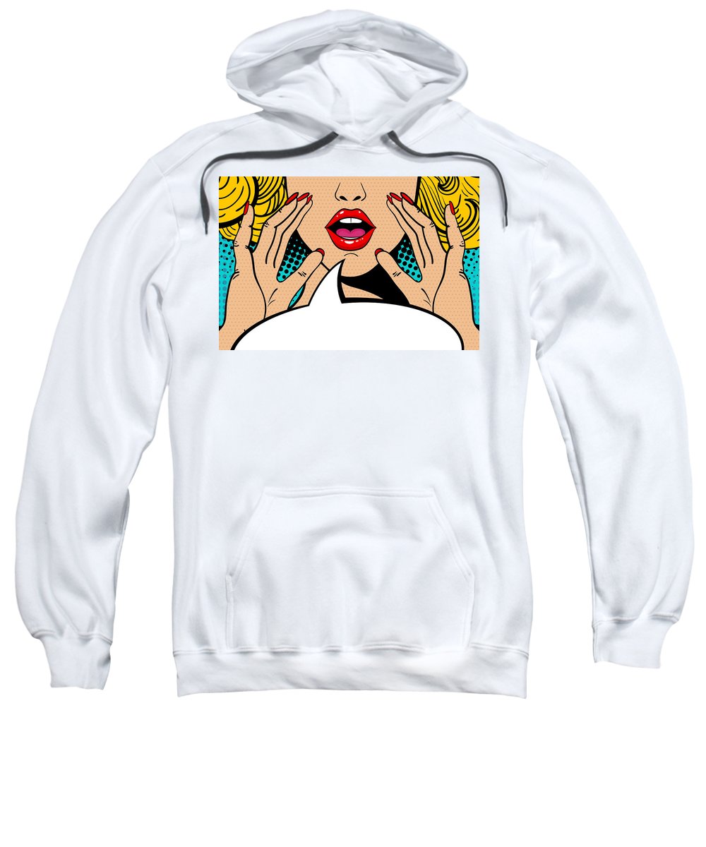 Seksowna, zaskoczona blondynka w stylu pop-art z otwartymi ustami i unoszącymi się rękami, krzycząca „zapowiedź”. Tło wektorowe w stylu komiksowym retro pop-art. Zaproszenie na imprezę. - Bluza.