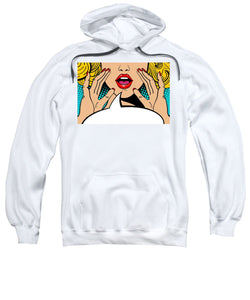 Seksowna, zaskoczona blondynka w stylu pop-art z otwartymi ustami i unoszącymi się rękami, krzycząca „zapowiedź”. Tło wektorowe w stylu komiksowym retro pop-art. Zaproszenie na imprezę. - Bluza.