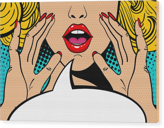 Seksowna, zaskoczona blondynka w stylu pop-art z otwartymi ustami i unoszącymi się rękami, krzycząca „zapowiedź”. Tło wektorowe w stylu komiksowym retro pop-art. Zaproszenie na imprezę. - Wydruk na drewnie