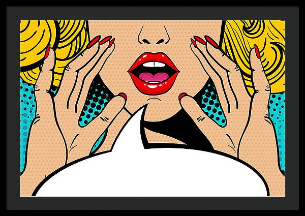 Seksowna, zaskoczona blondynka w stylu pop-art z otwartymi ustami i unoszącymi się rękami, krzycząca „zapowiedź”. Tło wektorowe w stylu komiksowym retro pop-art. Zaproszenie na imprezę. - Oprawiony wydruk.