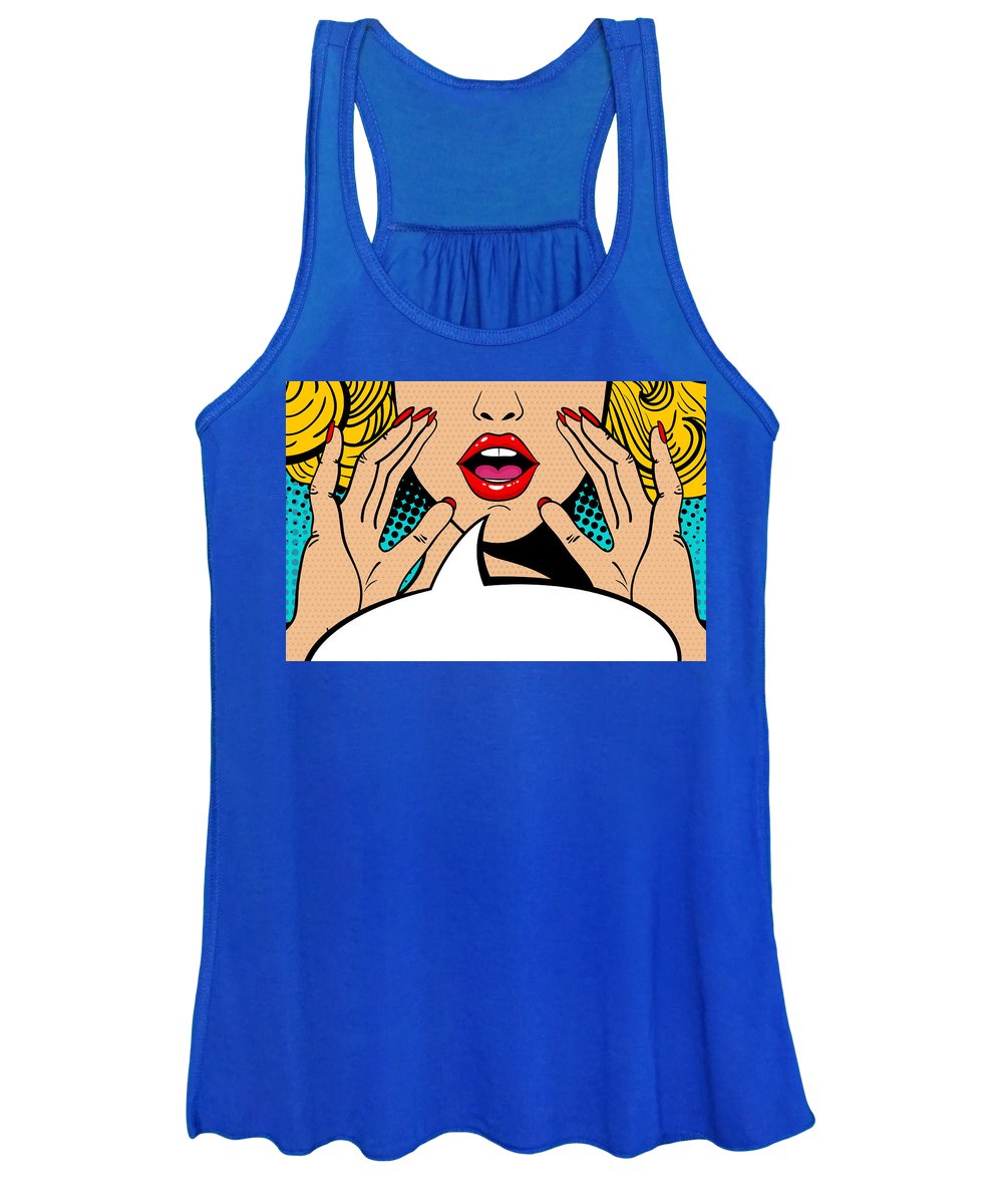 Seksowna, zaskoczona blondynka w stylu pop-art z otwartymi ustami i unoszącymi się rękami, krzycząca „zapowiedź”. Tło wektorowe w stylu komiksowym retro pop-art. Zaproszenie na imprezę. - Damski top bez rękawów.
