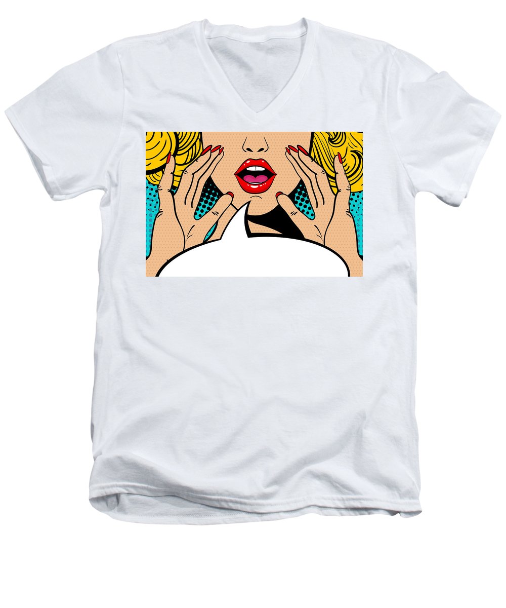 Seksowna, zaskoczona blondynka w stylu pop-art z otwartymi ustami i unoszącymi się rękami, krzycząca „zapowiedź”. Tło wektorowe w stylu komiksowym retro pop-art. Zaproszenie na imprezę. - Męska koszulka z dekoltem w serek.