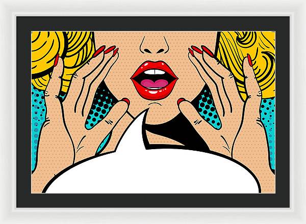 Seksowna, zaskoczona blondynka w stylu pop-art z otwartymi ustami i unoszącymi się rękami, krzycząca „zapowiedź”. Tło wektorowe w stylu komiksowym retro pop-art. Zaproszenie na imprezę. - Oprawiony wydruk.