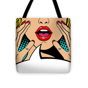 Seksowna, zaskoczona blondynka w stylu pop-art z otwartymi ustami i unoszącymi się rękami, krzycząca „zapowiedź”. Tło wektorowe w stylu komiksowym retro pop-art. Zaproszenie na imprezę. - Torba.