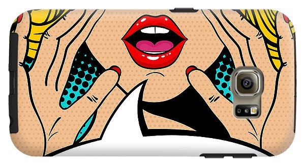 Seksowna, zaskoczona blondynka w stylu pop-art z otwartymi ustami i unoszącymi się rękami, krzycząca „zapowiedź”. Tło wektorowe w stylu komiksowym retro pop-art. Zaproszenie na imprezę. - Etui na telefon