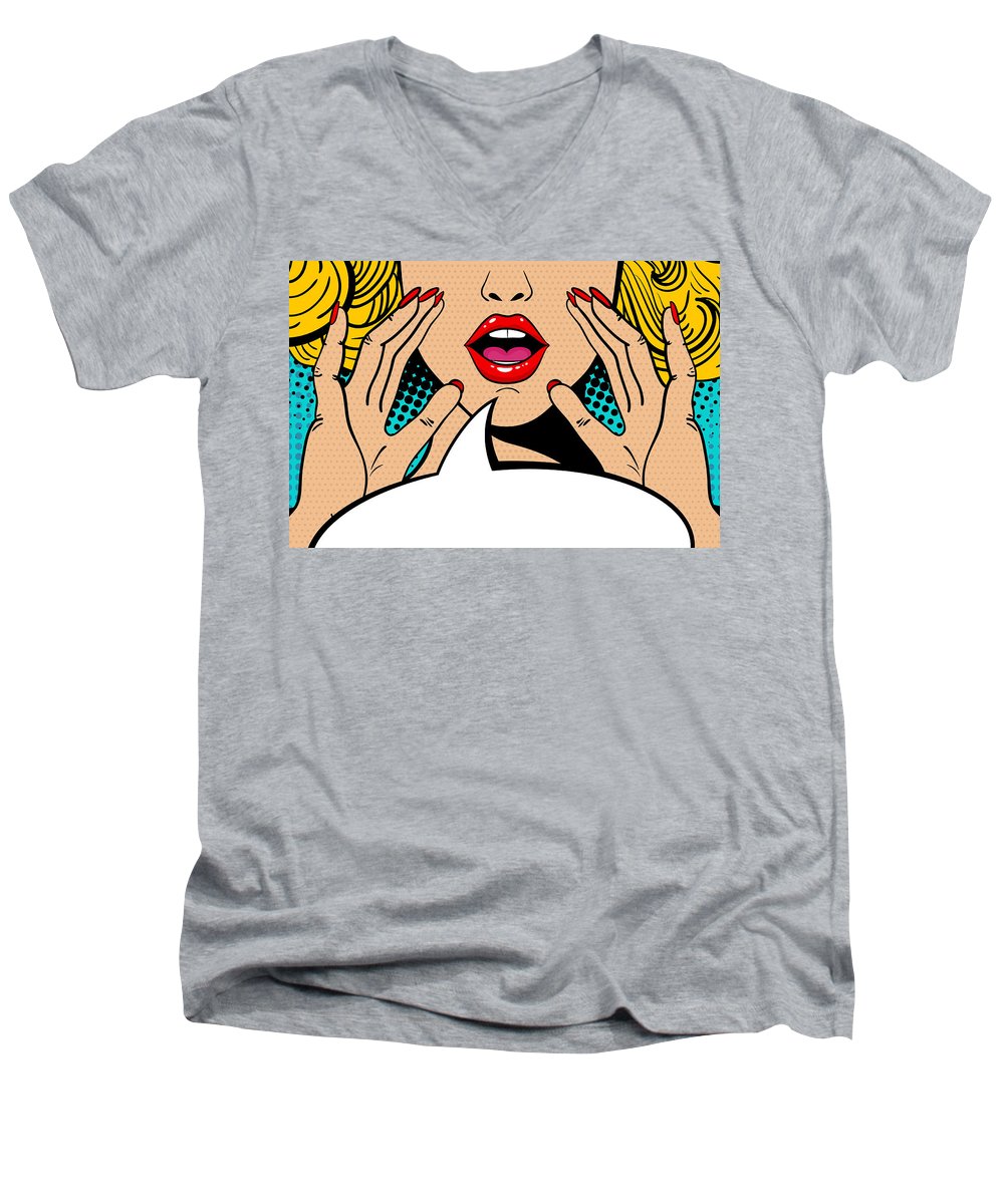 Seksowna, zaskoczona blondynka w stylu pop-art z otwartymi ustami i unoszącymi się rękami, krzycząca „zapowiedź”. Tło wektorowe w stylu komiksowym retro pop-art. Zaproszenie na imprezę. - Męska koszulka z dekoltem w serek.