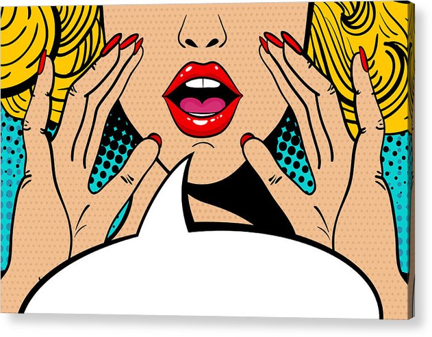 Seksowna, zaskoczona blondynka w stylu pop-art z otwartymi ustami i unoszącymi się rękami, krzycząca „zapowiedź”. Tło wektorowe w stylu komiksowym retro pop-art. Zaproszenie na imprezę. - Wydruk akrylowy