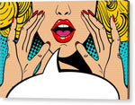 Seksowna, zaskoczona blondynka w stylu pop-art z otwartymi ustami i unoszącymi się rękami, krzycząca „zapowiedź”. Tło wektorowe w stylu komiksowym retro pop-art. Zaproszenie na imprezę. - Wydruk akrylowy