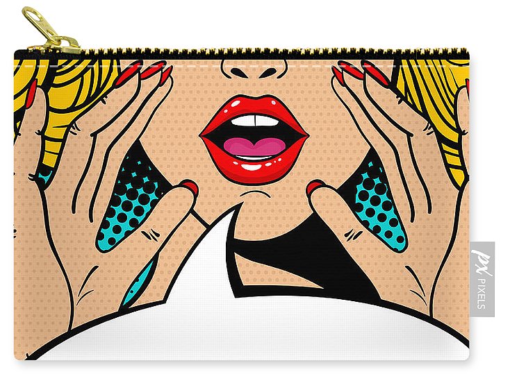 Seksowna, zaskoczona blondynka w stylu pop-art z otwartymi ustami i unoszącymi się rękami, krzycząca „zapowiedź”. Tło wektorowe w stylu komiksowym retro pop-art. Zaproszenie na imprezę. - Torba podróżna.