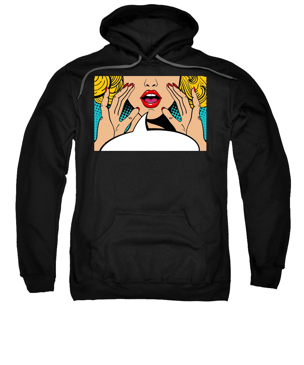 Seksowna, zaskoczona blondynka w stylu pop-art z otwartymi ustami i unoszącymi się rękami, krzycząca „zapowiedź”. Tło wektorowe w stylu komiksowym retro pop-art. Zaproszenie na imprezę. - Bluza.