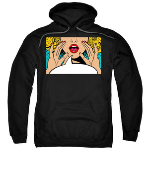Seksowna, zaskoczona blondynka w stylu pop-art z otwartymi ustami i unoszącymi się rękami, krzycząca „zapowiedź”. Tło wektorowe w stylu komiksowym retro pop-art. Zaproszenie na imprezę. - Bluza.