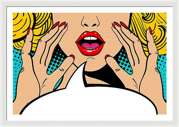 Seksowna, zaskoczona blondynka w stylu pop-art z otwartymi ustami i unoszącymi się rękami, krzycząca „zapowiedź”. Tło wektorowe w stylu komiksowym retro pop-art. Zaproszenie na imprezę. - Oprawiony wydruk.