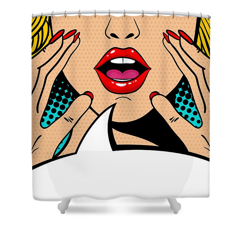 Seksowna, zaskoczona blondynka w stylu pop-art z otwartymi ustami i unoszącymi się rękami, krzycząca „zapowiedź”. Tło wektorowe w stylu komiksowym retro pop-art. Zaproszenie na imprezę. - Zasłona prysznicowa