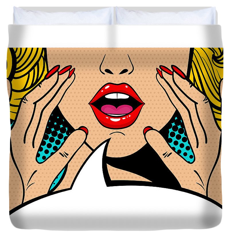 Seksowna, zaskoczona blondynka w stylu pop-art z otwartymi ustami i unoszącymi się rękami, krzycząca „zapowiedź”. Tło wektorowe w stylu komiksowym retro pop-art. Zaproszenie na imprezę. - Poszewka na kołdrę