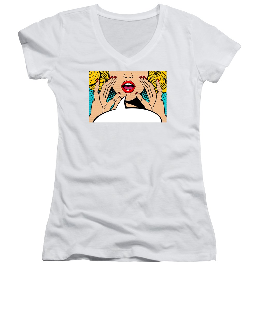 Seksowna, zaskoczona blondynka w stylu pop-art z otwartymi ustami i unoszącymi się rękami, krzycząca „zapowiedź”. Tło wektorowe w stylu komiksowym retro pop-art. Zaproszenie na imprezę. - Damski dekolt w serek.