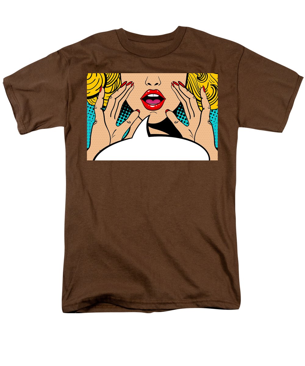Seksowna, zaskoczona blondynka w stylu pop-art z otwartymi ustami i unoszącymi się rękami, krzycząca „zapowiedź”. Tło wektorowe w stylu komiksowym retro pop-art. Zaproszenie na imprezę. - Męski T-shirt (regularny krój)