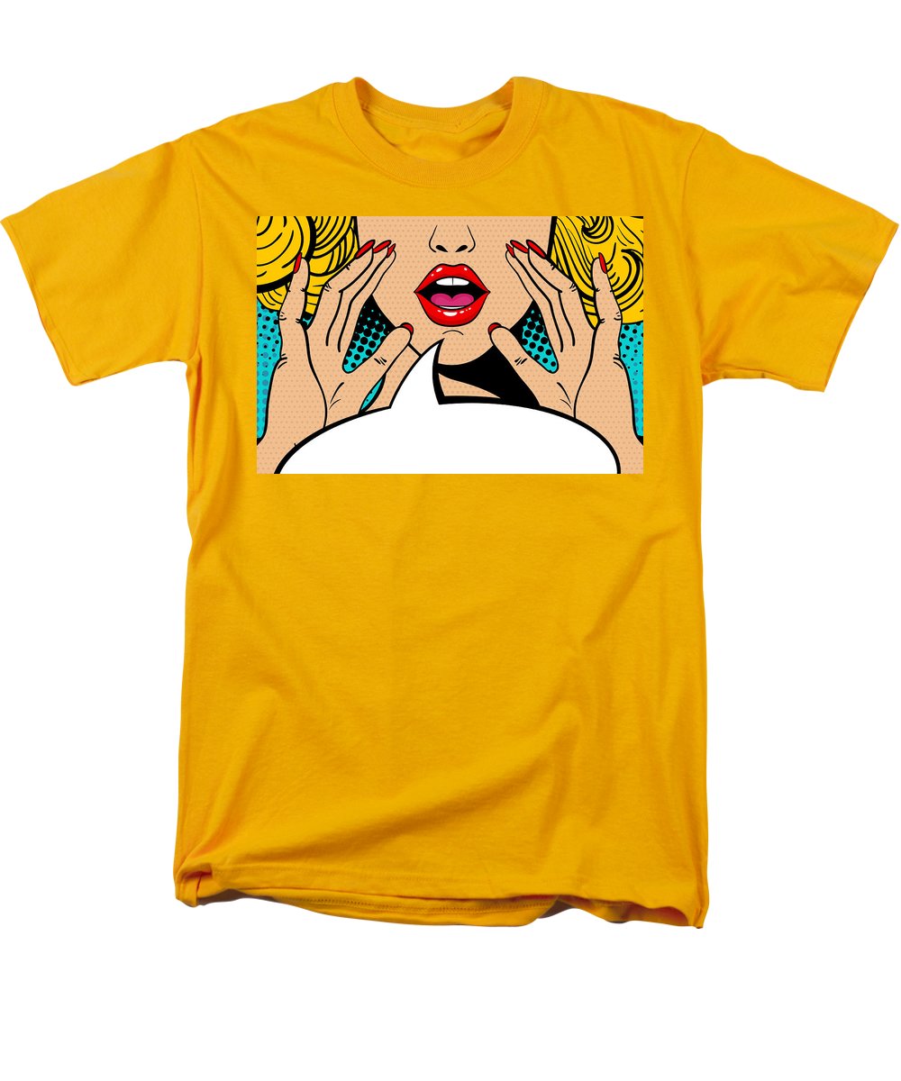 Seksowna, zaskoczona blondynka w stylu pop-art z otwartymi ustami i unoszącymi się rękami, krzycząca „zapowiedź”. Tło wektorowe w stylu komiksowym retro pop-art. Zaproszenie na imprezę. - Męski T-shirt (regularny krój)