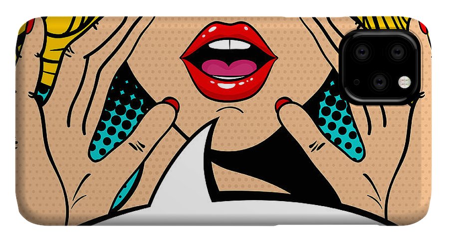 Seksowna, zaskoczona blondynka w stylu pop-art z otwartymi ustami i unoszącymi się rękami, krzycząca „zapowiedź”. Tło wektorowe w stylu komiksowym retro pop-art. Zaproszenie na imprezę. - Etui na telefon