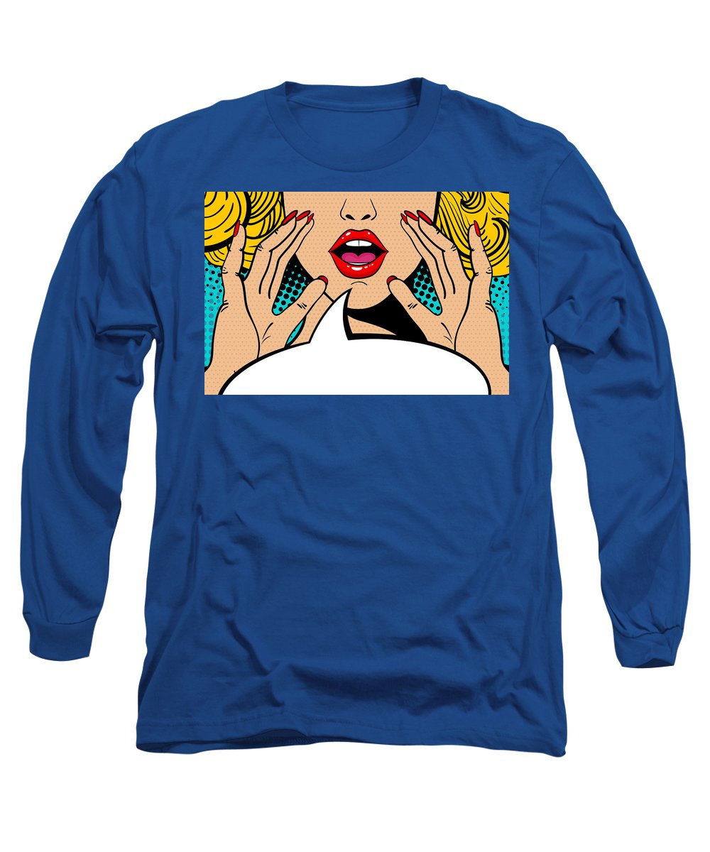 Seksowna, zaskoczona blondynka w stylu pop-art z otwartymi ustami i unoszącymi się rękami, krzycząca „zapowiedź”. Tło wektorowe w stylu komiksowym retro pop-art. Zaproszenie na imprezę. - Koszulka z długim rękawem.