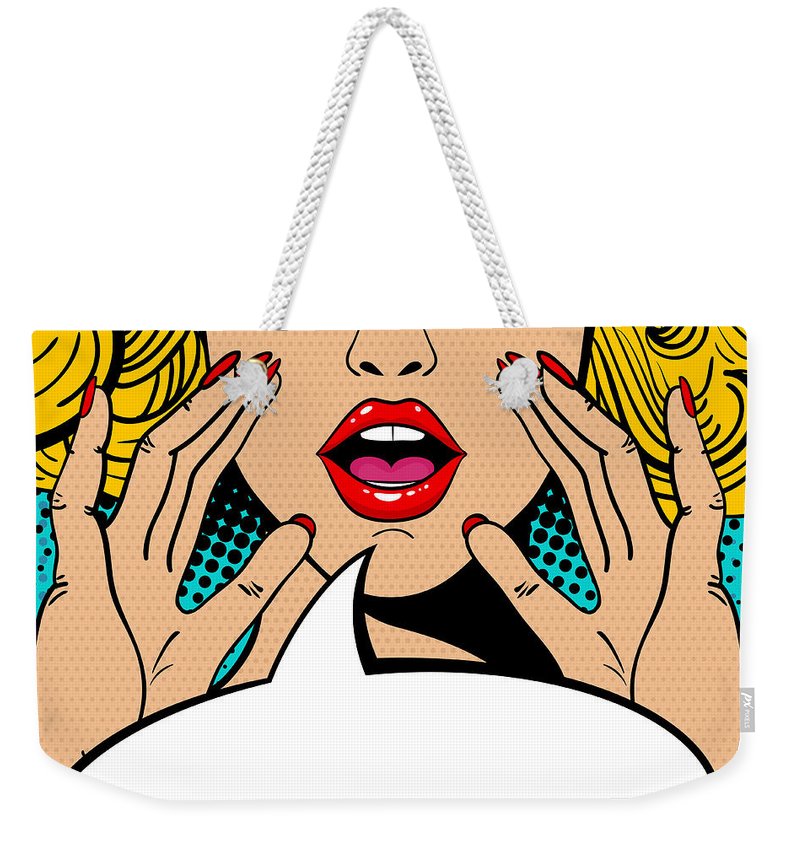 Seksowna, zaskoczona blondynka w stylu pop-art z otwartymi ustami i unoszącymi się rękami, krzycząca „zapowiedź”. Tło wektorowe w stylu komiksowym retro pop-art. Zaproszenie na imprezę. - Torba weekendowa.