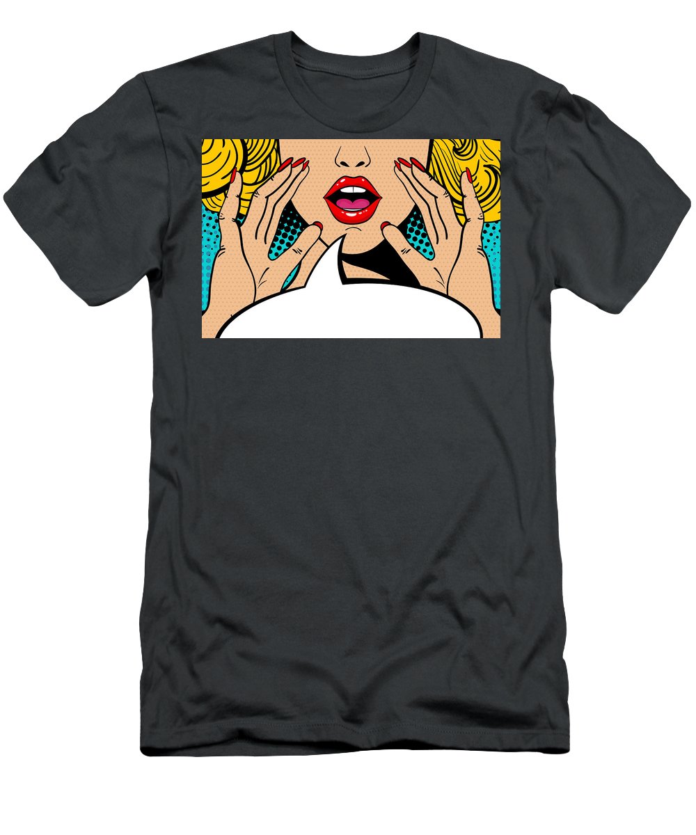 Seksowna, zaskoczona blondynka w stylu pop-art z otwartymi ustami i unoszącymi się rękami, krzycząca „zapowiedź”. Tło wektorowe w stylu komiksowym retro pop-art. Zaproszenie na imprezę. - Koszulka.
