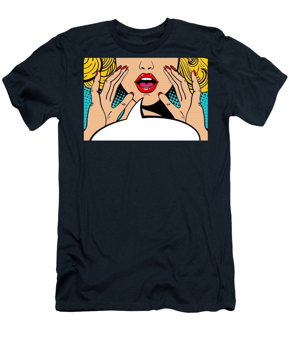Seksowna, zaskoczona blondynka w stylu pop-art z otwartymi ustami i unoszącymi się rękami, krzycząca „zapowiedź”. Tło wektorowe w stylu komiksowym retro pop-art. Zaproszenie na imprezę. - Koszulka.