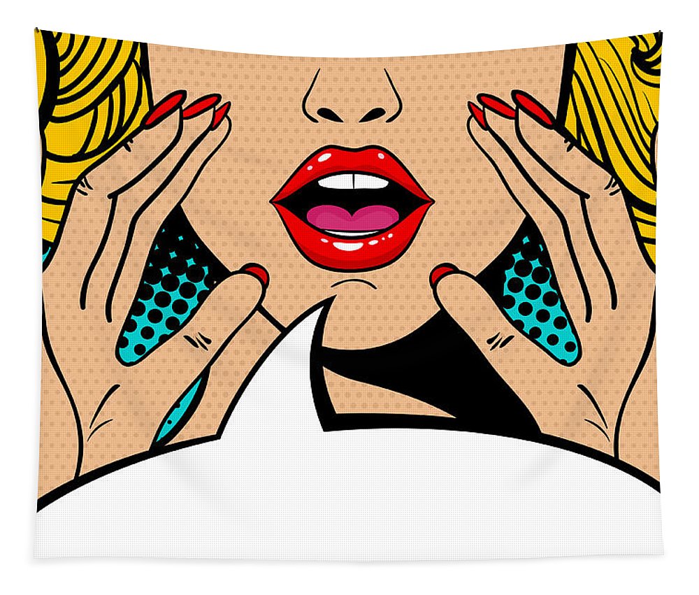 Seksowna, zaskoczona blondynka w stylu pop-art z otwartymi ustami i unoszącymi się rękami, krzycząca „zapowiedź”. Tło wektorowe w stylu komiksowym retro pop-art. Zaproszenie na imprezę. - Gobelin