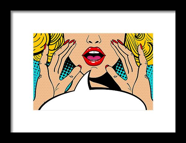 Seksowna, zaskoczona blondynka w stylu pop-art z otwartymi ustami i unoszącymi się rękami, krzycząca „zapowiedź”. Tło wektorowe w stylu komiksowym retro pop-art. Zaproszenie na imprezę. - Oprawiony wydruk.